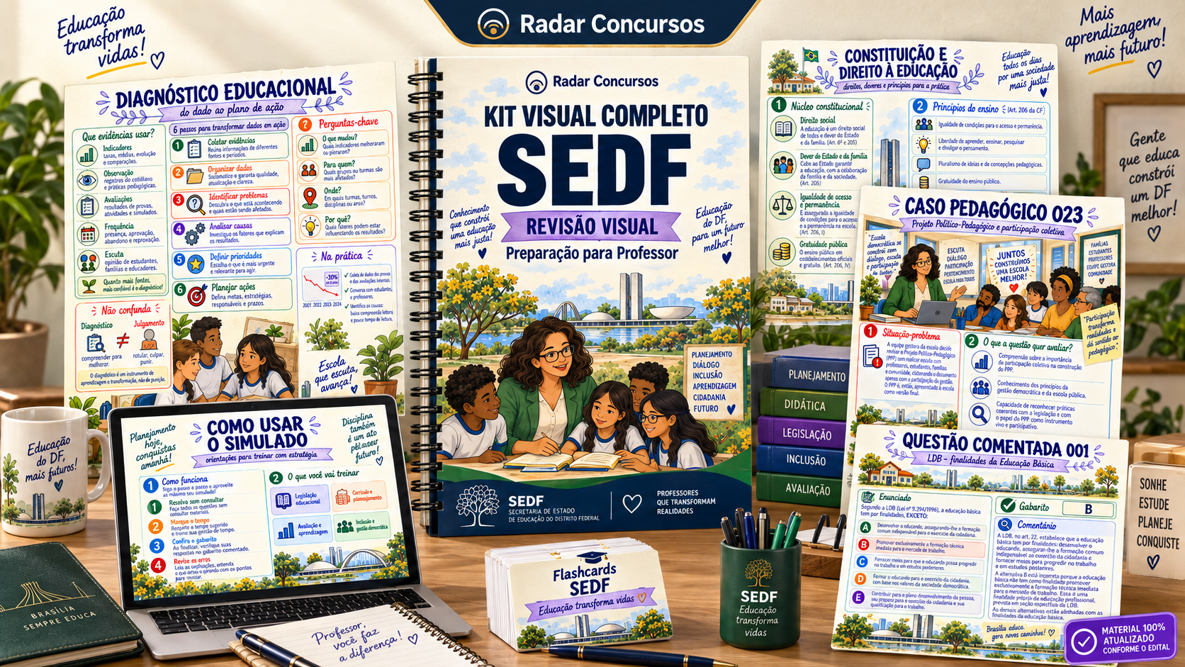 Kit Visual Completo SEDF 2026 com páginas visuais e cards de revisão